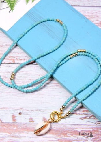 Boho Necklace, Long Blue Hippie Shell